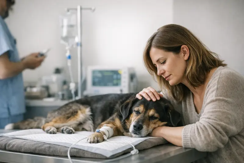 Ein Hund wird tierärztlich untersucht, um die Folgen eines Zeckenbisses festzustellen.