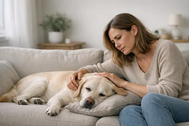 Hund mit Symptomen nach Zeckenbiss Ein Hund mit Anzeichen von Schwäche und Mattigkeit nach einem Zeckenbiss.