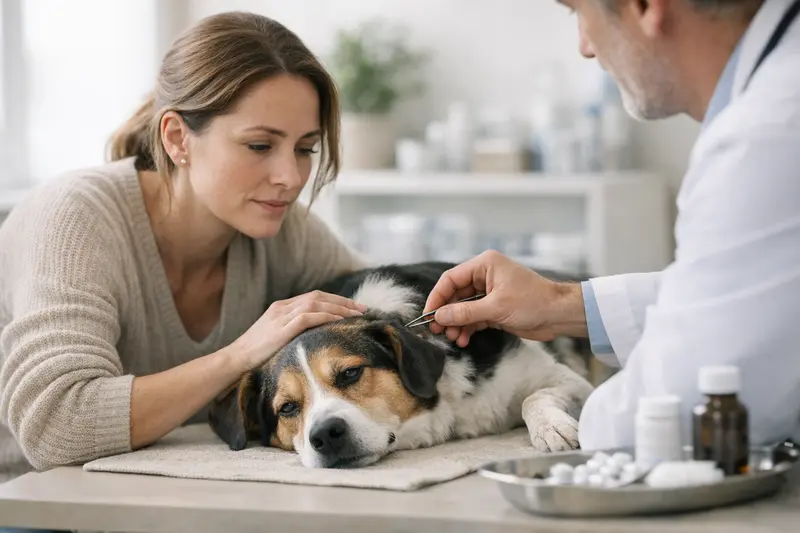 Hund nach Zeckenbiss behandeln Ein Hundebesitzer zeigt besorgt ein Zeckenmittel für seinen Hund nach einem Zeckenbiss.