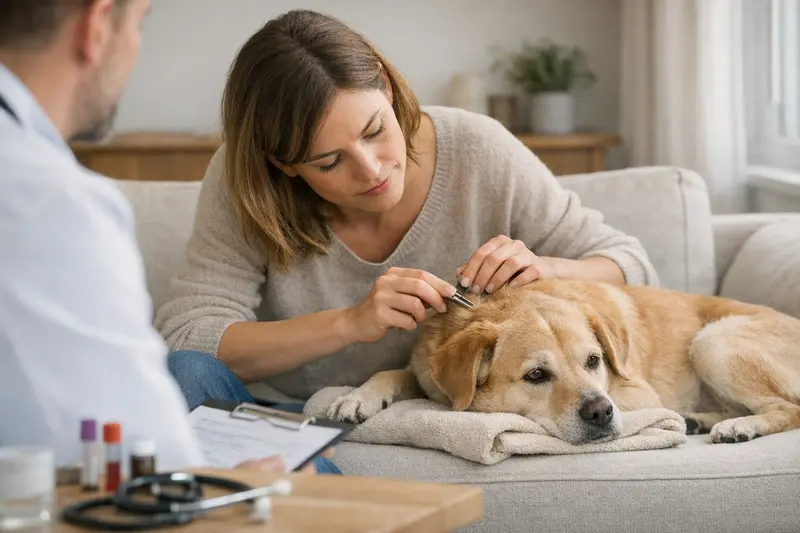 Hundeversicherung und Diagnostik bei Zeckenverdacht Ein Hundebesitzer bespricht mit einem Tierarzt die Diagnostik bei Zeckenverdacht.