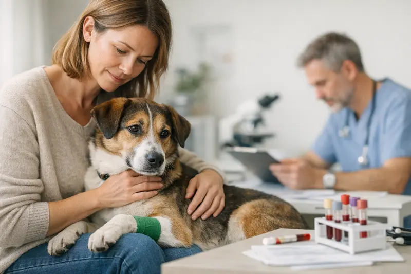 Bluttest Hund Zeckenbiss Hund im Tierarztstuhl während eines Bluttests nach einem Zeckenbiss.