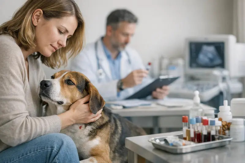 Kosten nach Zeckenbiss bei Hunden Ein Hund, der nach einem Zeckenbiss tierärztlich untersucht wird.