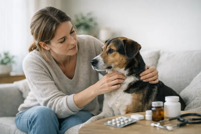 Tarifvergleich bei Hundeversicherungen wegen Zecken Ein Hundebesitzer untersucht das Fell seines Hundes auf Zecken.