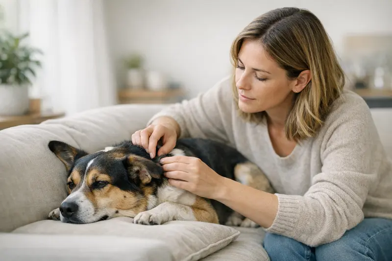 Hund und Halter unter Beobachtung nach Zeckenbiss Ein gesunder Hund wird nach einem Zeckenbiss von seinem Halter beobachtet.