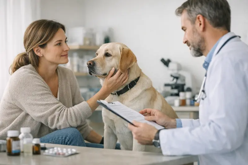 Hund und Besitzer beim Tierarzt Ein Hund mit seinem Besitzer beim Tierarzt, um über die Hundekrankenversicherung zu informieren.