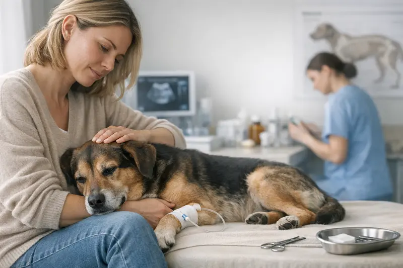 Hundebesuch beim Tierarzt bei Zeckenbiss Ein Hund wird beim Tierarzt wegen Zeckenfolgen behandelt.