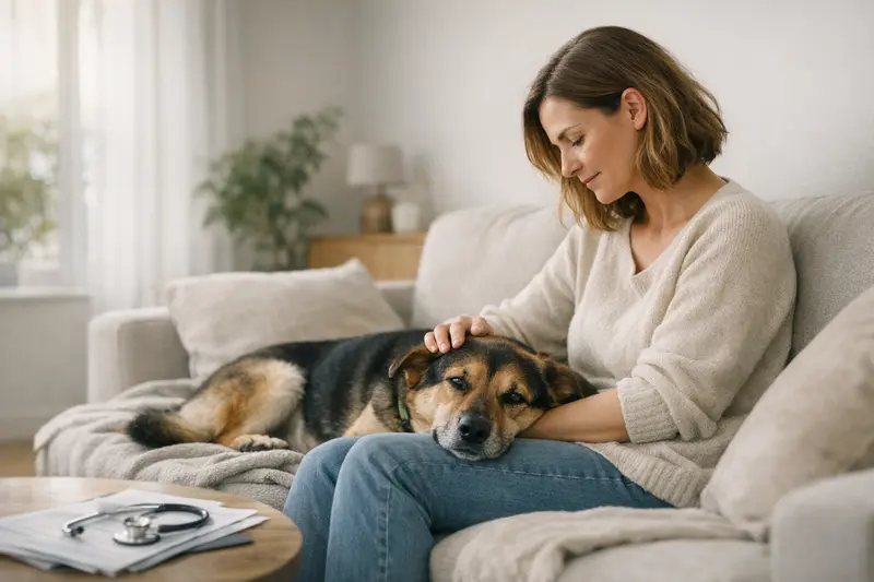 Hund beim Tierarzt - Versicherungsschutz Ein glücklicher Hund mit seinem Besitzer beim Tierarzt, symbolisiert den Versicherungsschutz für Hundegesundheit.