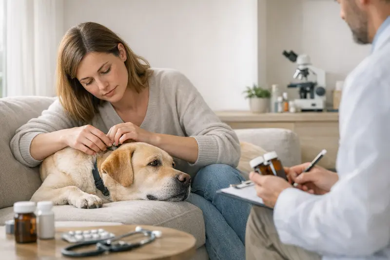 Ein Hund wird vom Tierarzt behandelt, um zeckenbedingte Erkrankungen zu diagnostizieren.