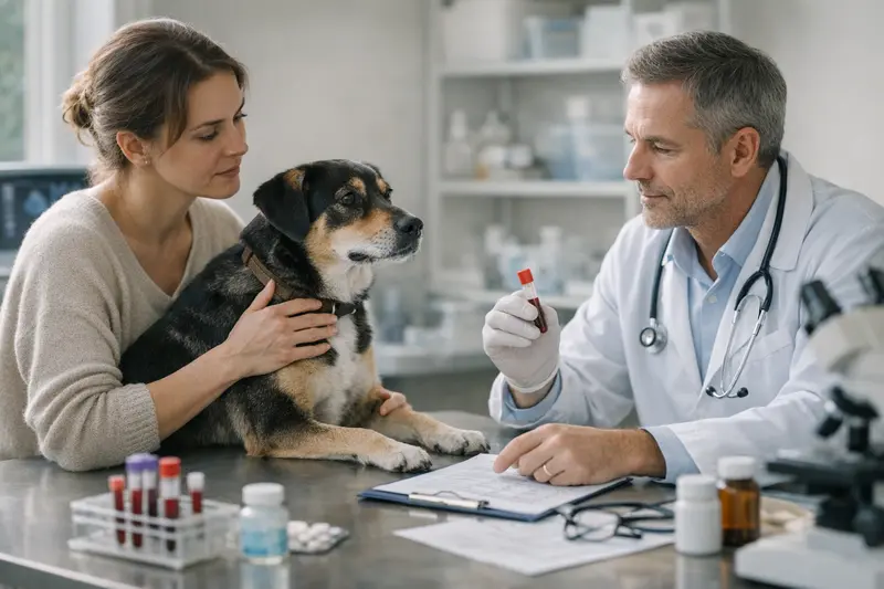 Ein Tierarzt untersucht einen Hund auf eine mögliche Zeckenkrankheit.