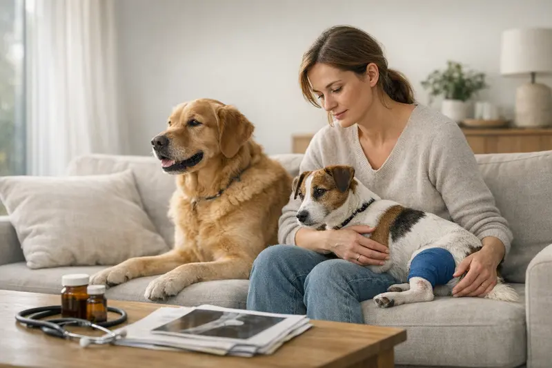 Zwei Hunde im Wartezimmer der Tierarztpraxis Zwei Hunde in einem Tierarztpraxis, die auf eine Untersuchung warten.