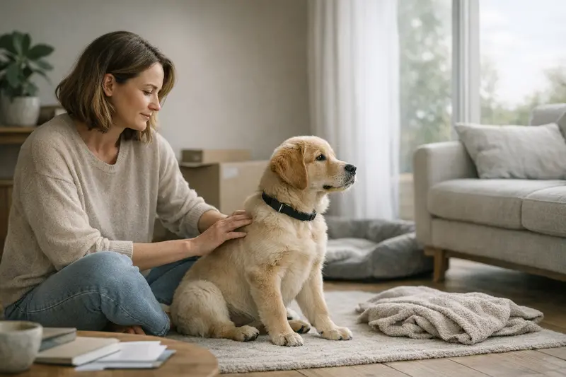 Wartezeiten beim neuen Hund verstehen Ein Hund mit neugierigem Blick, während er in sein neues Zuhause einzieht.