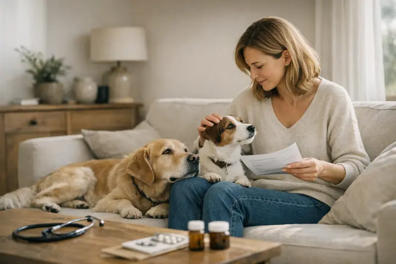OP-Versicherung für den Zweithund Ein Hund mit einem Verband sitzt neben seinem Besitzer, der über die OP-Versicherung für den Zweithund nachdenkt.