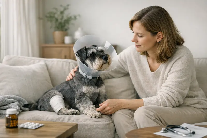 OP-Versicherung für Zwergschnauzer Zwergschnauzer beim Tierarzt, der über die Notwendigkeit einer OP-Versicherung informiert wird.