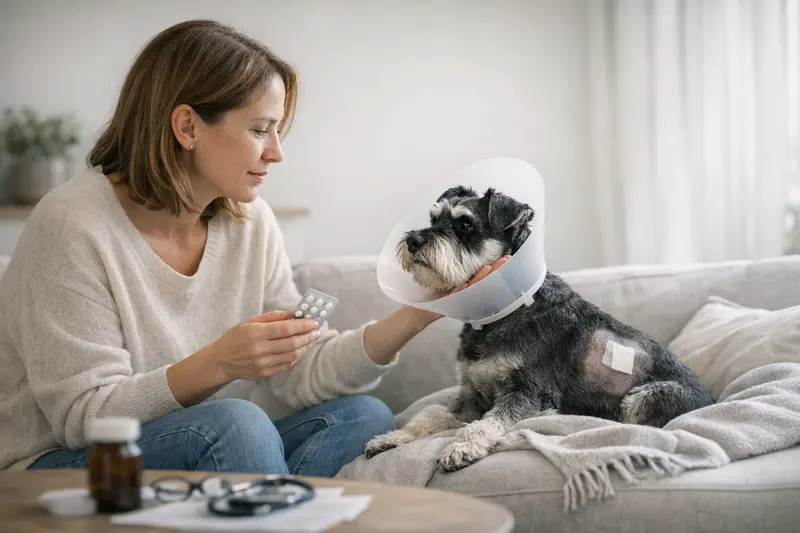 Zwergschnauzer beim Tierarzt Ein Zwergschnauzer bei einem Tierarzttermin zur Besprechung der OP-Versicherung.
