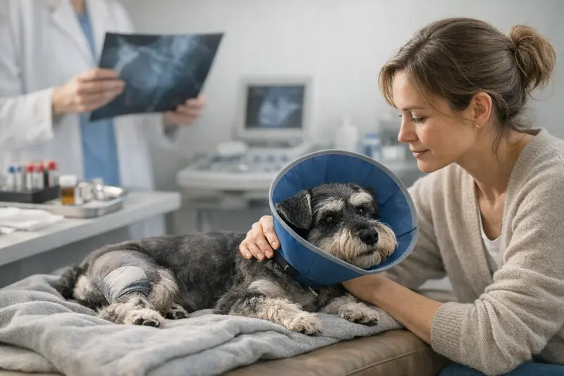 Nachsorge und Diagnostik bei der Hundeversicherung Tierarzt, der eine Hündin während der Nachsorge nach einer OP untersucht.
