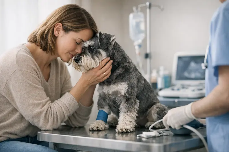 Ein Hund beim Tierarzt, der untersucht wird.
