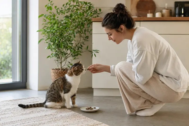 Katze vor Futternapf – Orientierung zu Snacks und ungeeigneten Lebensmitteln
