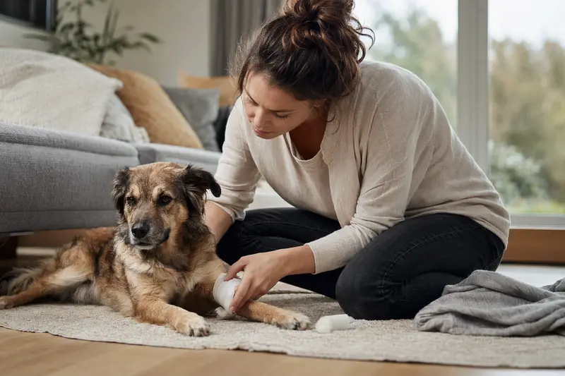Hund in einer sicheren Umgebung, Symbolbild für Erste Hilfe und Tierarzt-Notfall