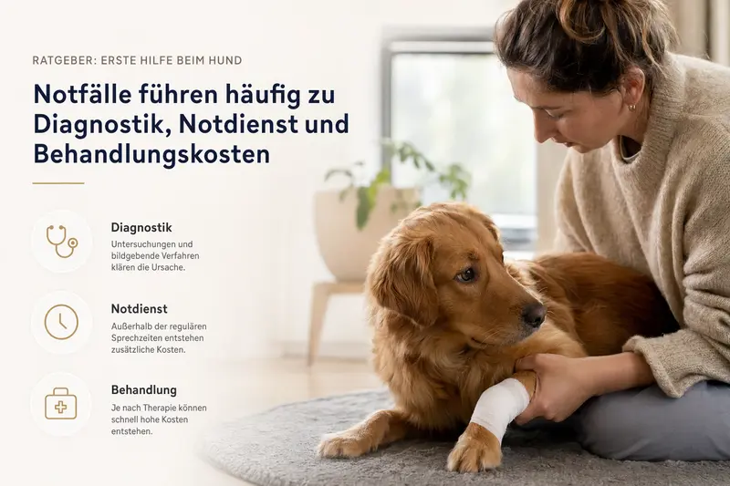 Hund in einer sicheren Umgebung, Symbolbild für Erste Hilfe und Tierarzt-Notfall