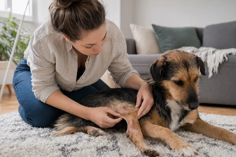 Hund mit sichtbaren Hautirritationen am Fell – Symbolbild für Hautprobleme