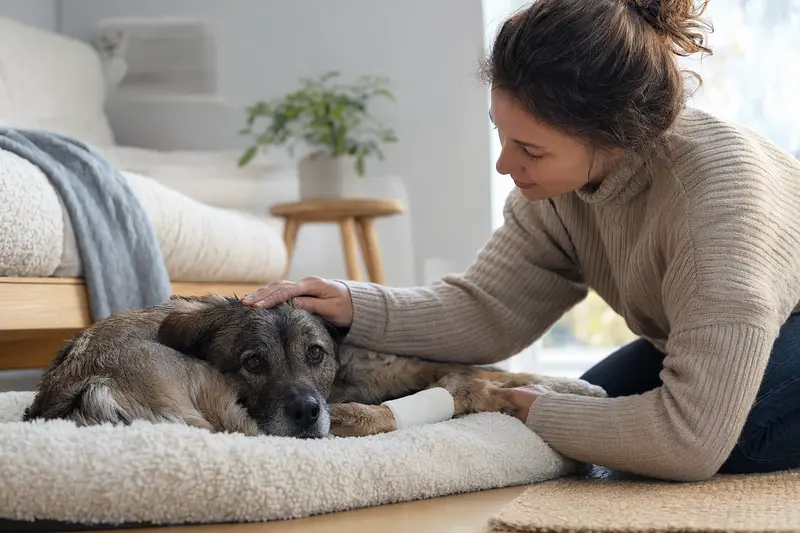 Hund in einer Notfallsituation beim Tierarzt – symbolische Darstellung für Erste Hilfe und Absicherung