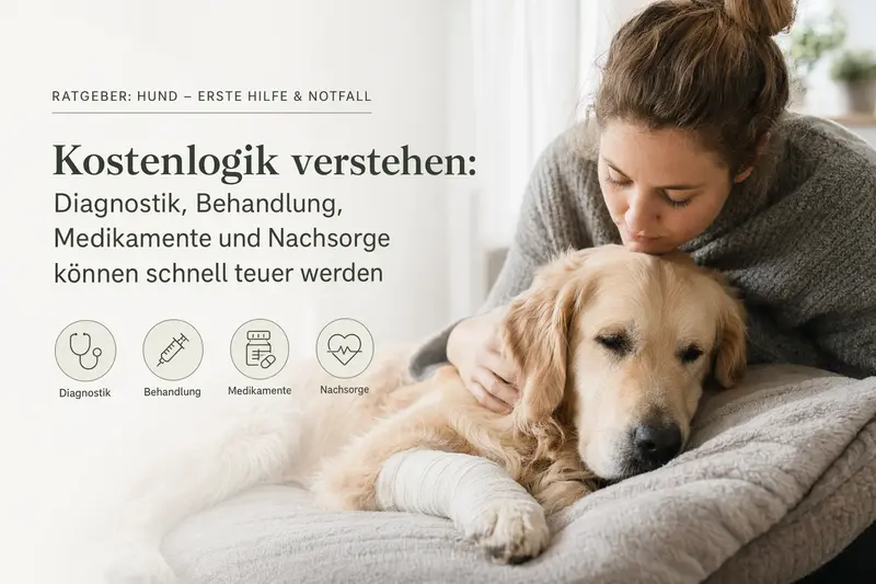 Hund in einer Notfallsituation beim Tierarzt – symbolische Darstellung für Erste Hilfe und Absicherung