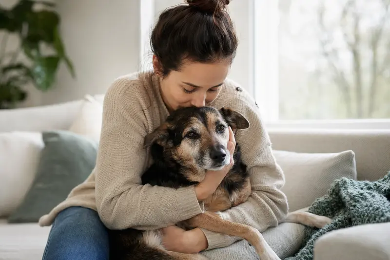 Hund sitzt aufmerksam neben Halterin im Alltag – Symbol für Absicherung und Orientierung