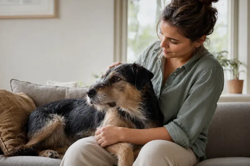 Symbolische Darstellung von Hund und Versicherungsdokumenten zur Erklärung von Wartezeit, Erstattung und Selbstbeteiligung
