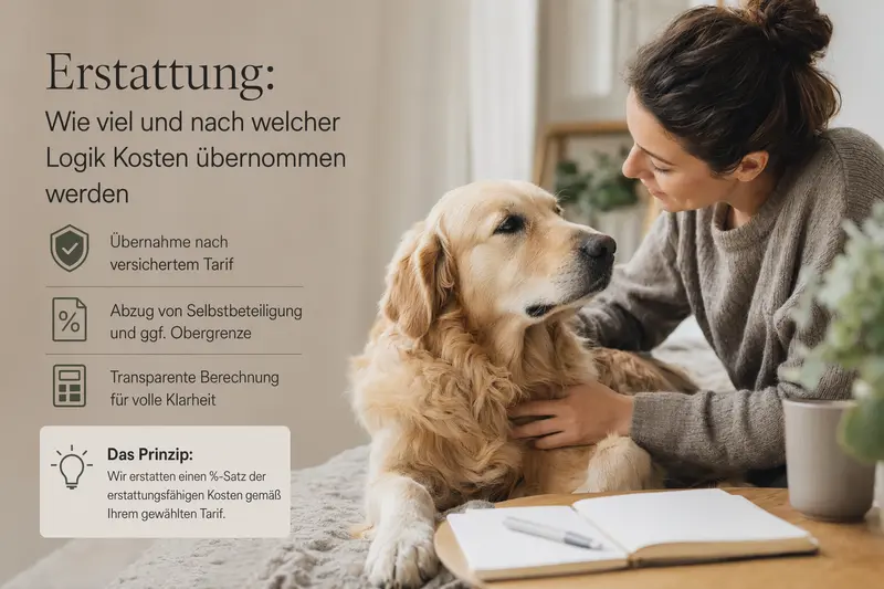 Symbolische Darstellung von Hund und Versicherungsdokumenten zur Erklärung von Wartezeit, Erstattung und Selbstbeteiligung