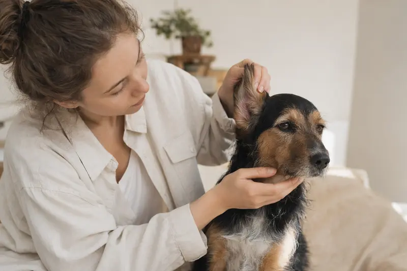 Hund wird am Ohr untersucht