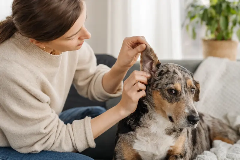 Hund mit aufmerksamem Blick, Fokus auf Ohrbereich als Symbol für Ohrbeschwerden