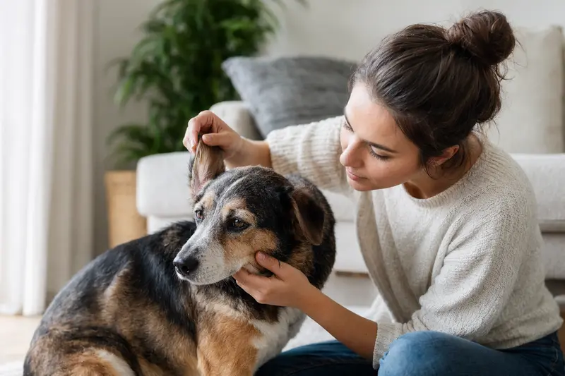 Hund mit aufmerksamem Blick, Fokus auf Ohrbereich als Symbol für Ohrbeschwerden
