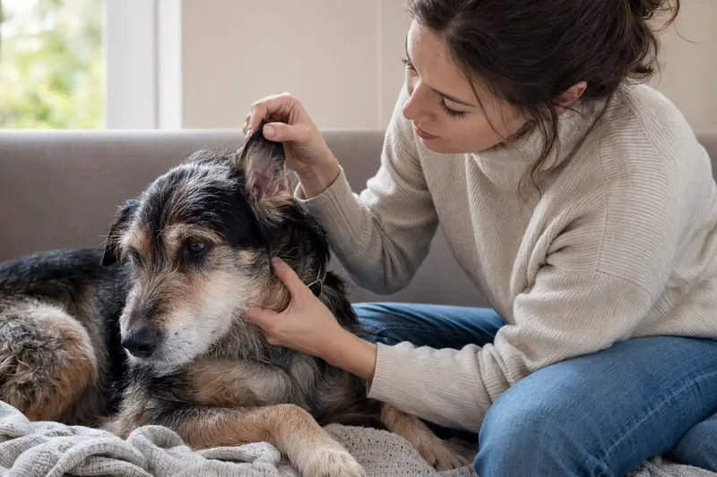 Hund wird am Ohr untersucht