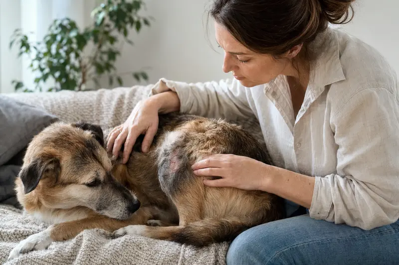 Hund wird im Fellbereich kontrolliert, Fokus auf Parasitenprävention