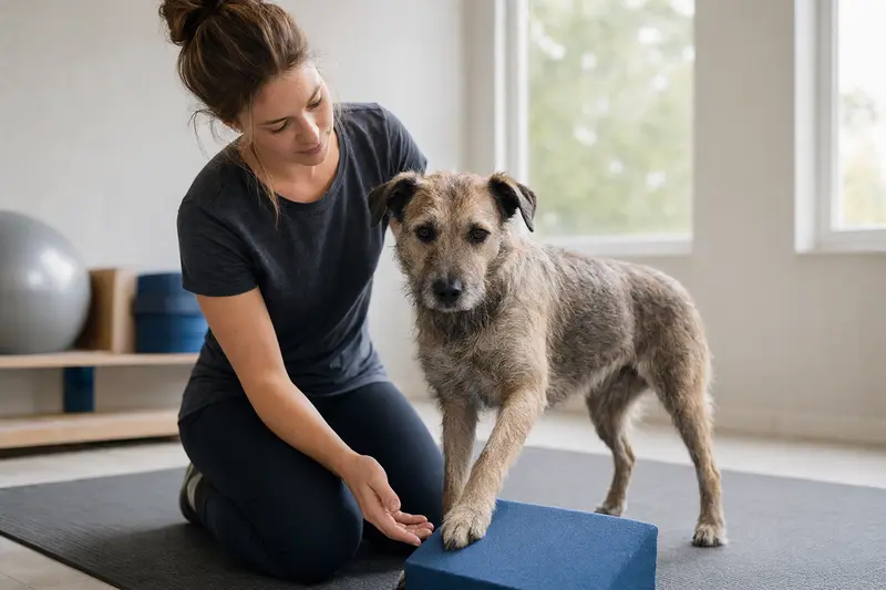 Hund bei einer physiotherapeutischen Behandlung in ruhiger Praxisumgebung