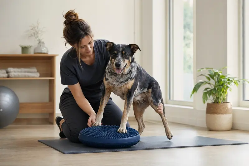 Hund bei einer physiotherapeutischen Behandlung in einer Praxis