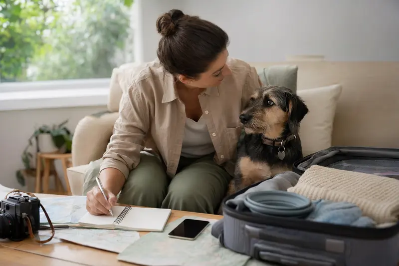 Hund und Katze auf Reisen mit Gepäck – Symbolbild für Auslandsreise und Vorbereitung
