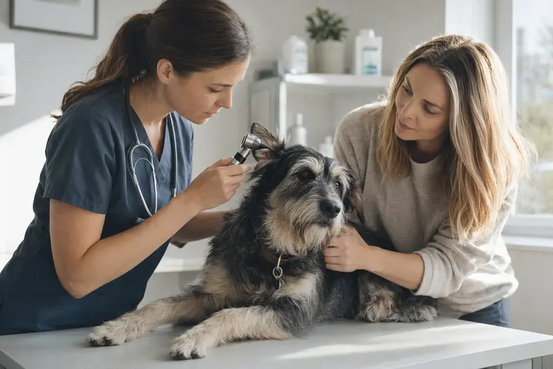 Hund in tierärztlicher Untersuchungssituation in einer Praxis