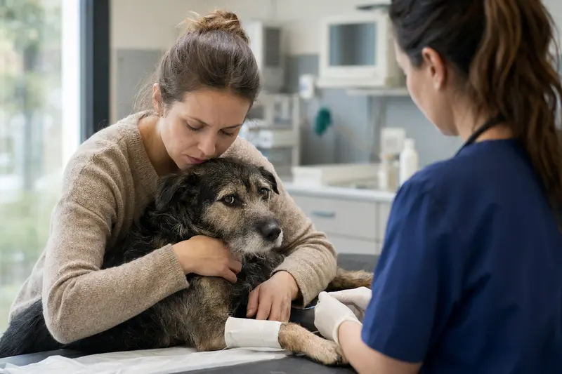 Hund in einer Tierklinik-Situation mit Fokus auf Notdienst-Orientierung