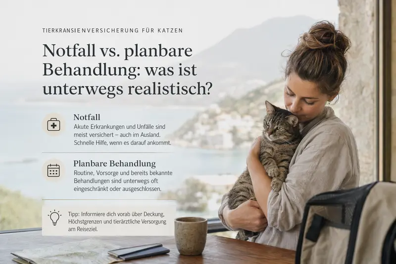 Katze in Transportbox auf Reise, Fokus auf Absicherung und Tierarztkosten im Ausland