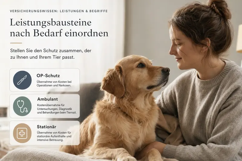 Symbolische Darstellung von Versicherungsdokumenten und Pfotenabdruck zur Orientierung bei Leistungen und Begriffen