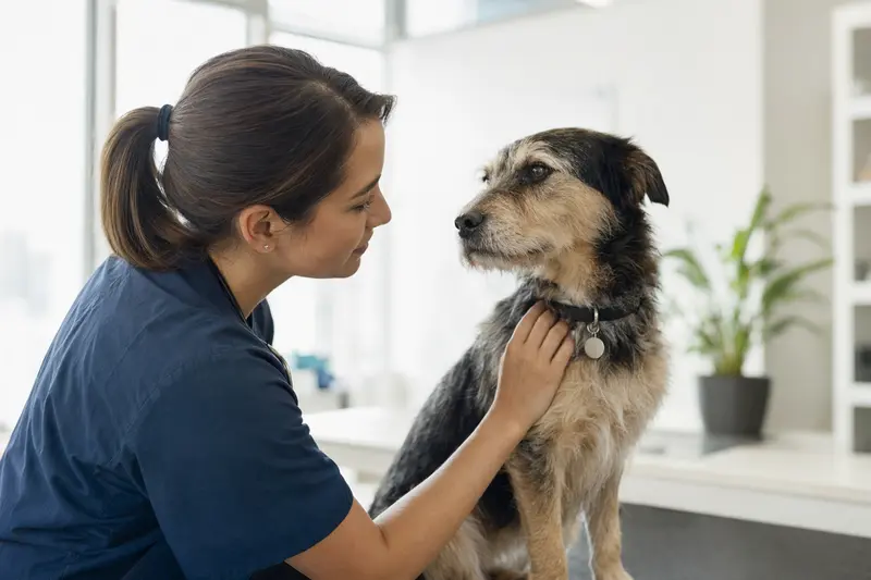 Hund bei einer ruhigen Untersuchungssituation in einer Tierarztpraxis