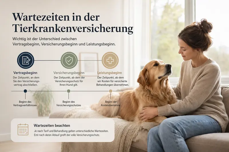 Hund beim Tierarzt im Wartebereich – Symbol für Leistungsbeginn und Wartezeit in der Tierkrankenversicherung