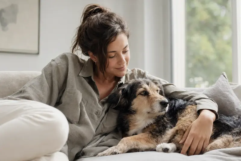 Hund liegt entspannt neben Unterlagen zur Tierkrankenversicherung