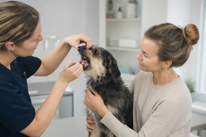Hund beim Tierarzt: Untersuchung im Maulbereich als Symbol für Zahnbehandlung und Kostenabsicherung