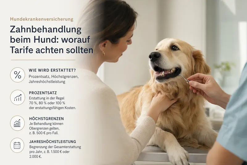 Hund beim Tierarzt: Untersuchung im Maulbereich als Symbol für Zahnbehandlung und Absicherung