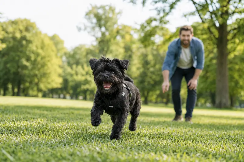 Ein fröhlicher Affenpinscher läuft über eine grüne Wiese, während sein Besitzer im Hintergrund spielt.