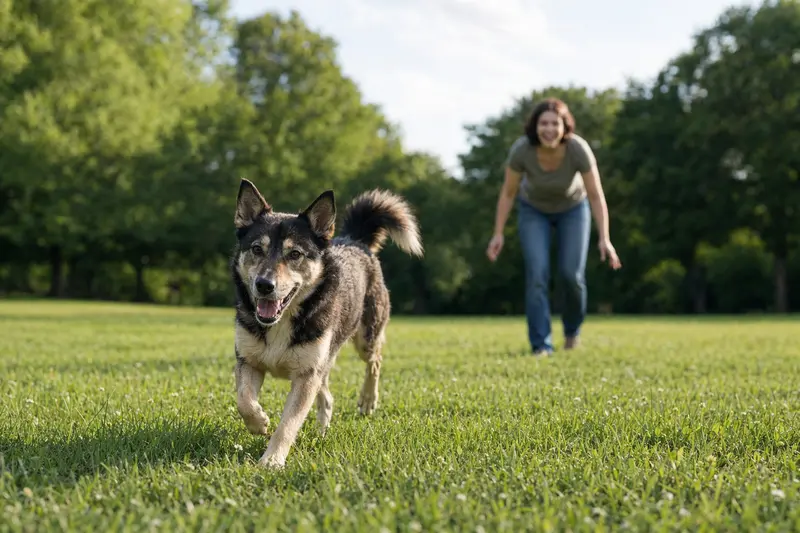 Ein glücklicher Ainu-Hund läuft über eine grüne Wiese, während sein Besitzer im Hintergrund spielt.