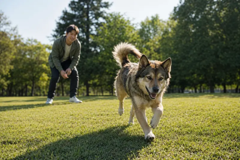 Ein fröhlicher Ainu Inu Hund läuft über eine grüne Wiese, während sein Besitzer im Hintergrund spielt.