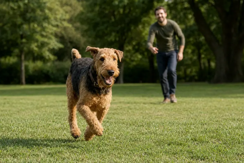 Ein fröhlicher Airedale Terrier läuft über eine grüne Wiese, während sein Besitzer im Hintergrund mit ihm spielt.